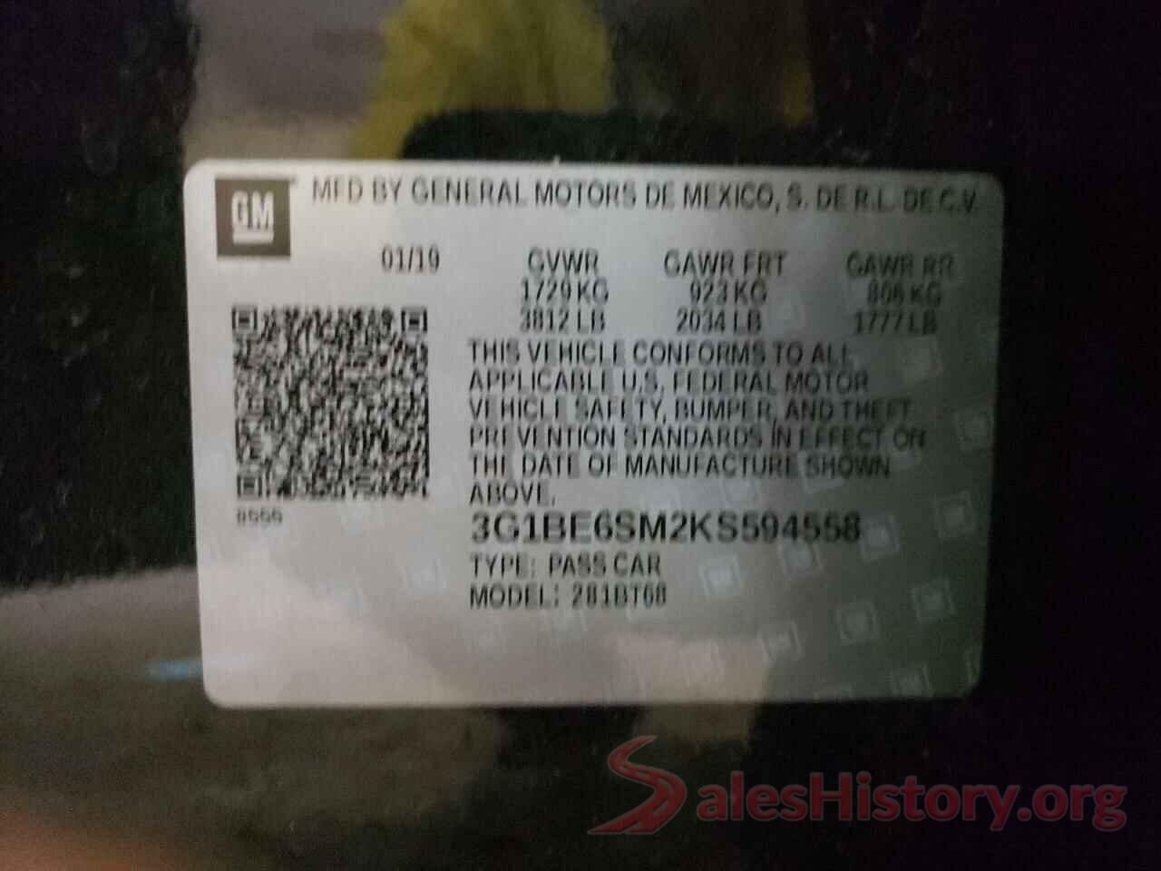 3G1BE6SM2KS594558 2019 CHEVROLET CRUZE