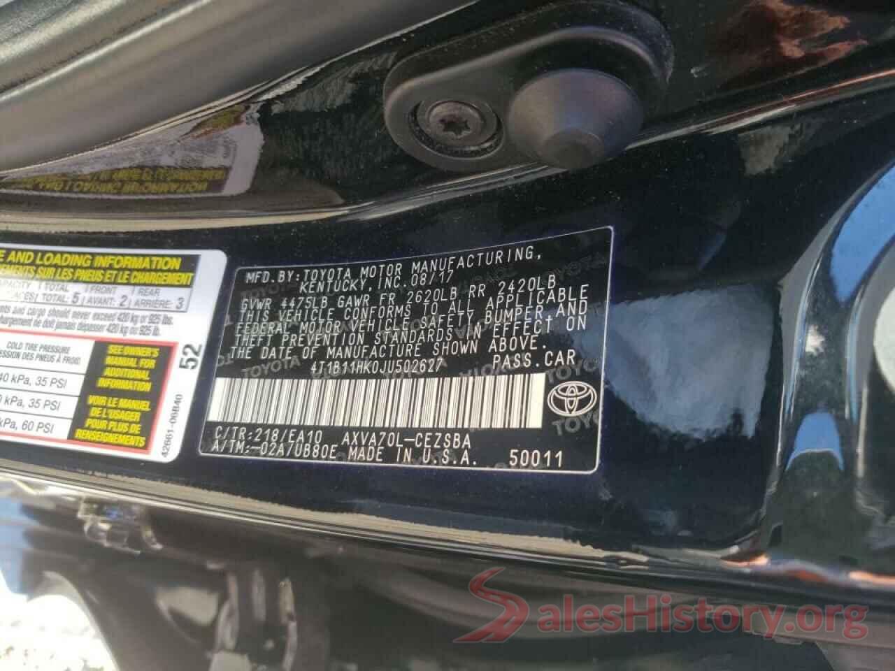 4T1B11HK0JU502627 2018 TOYOTA CAMRY