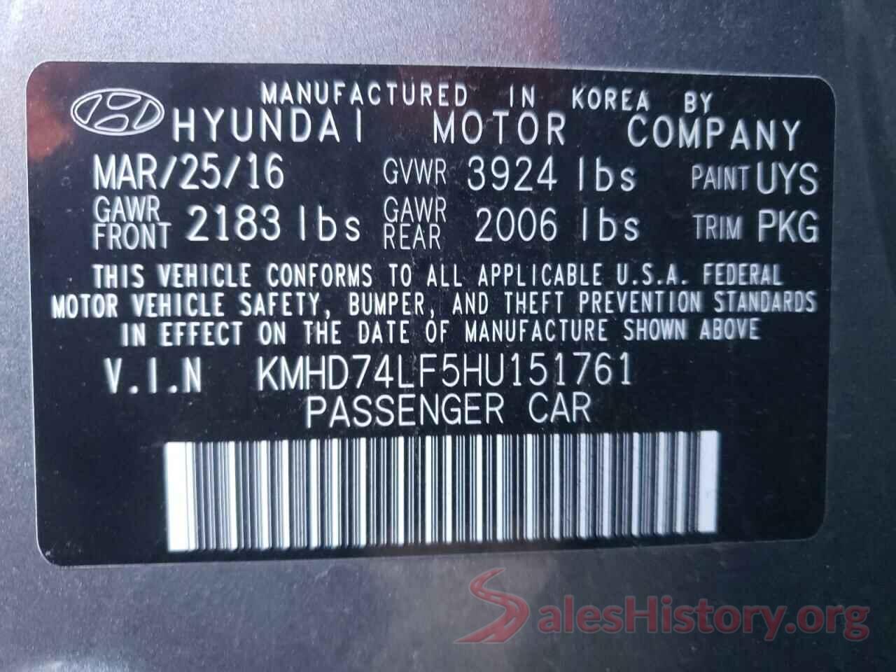 KMHD74LF5HU151761 2017 HYUNDAI ELANTRA