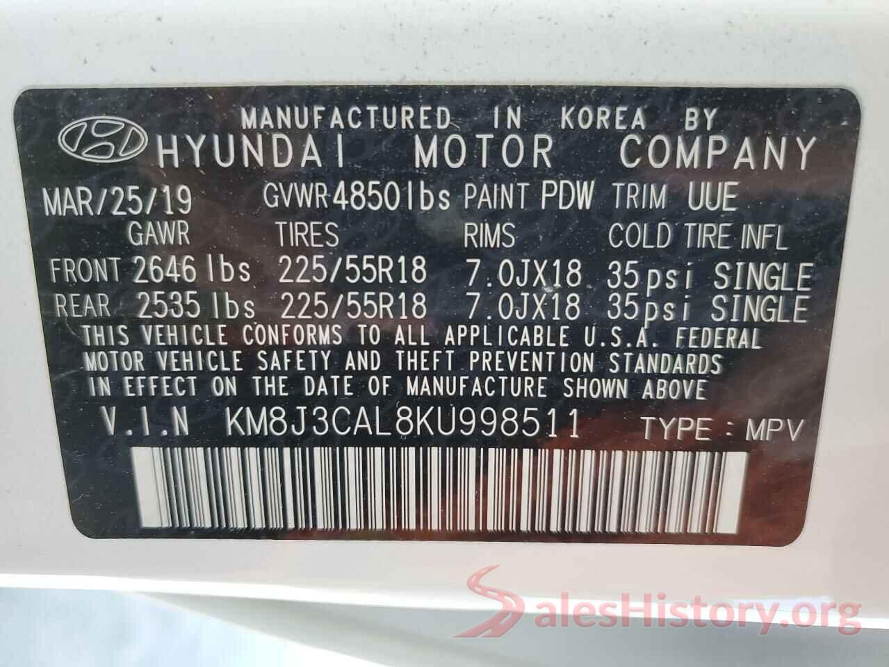 KM8J3CAL8KU998511 2019 HYUNDAI TUCSON