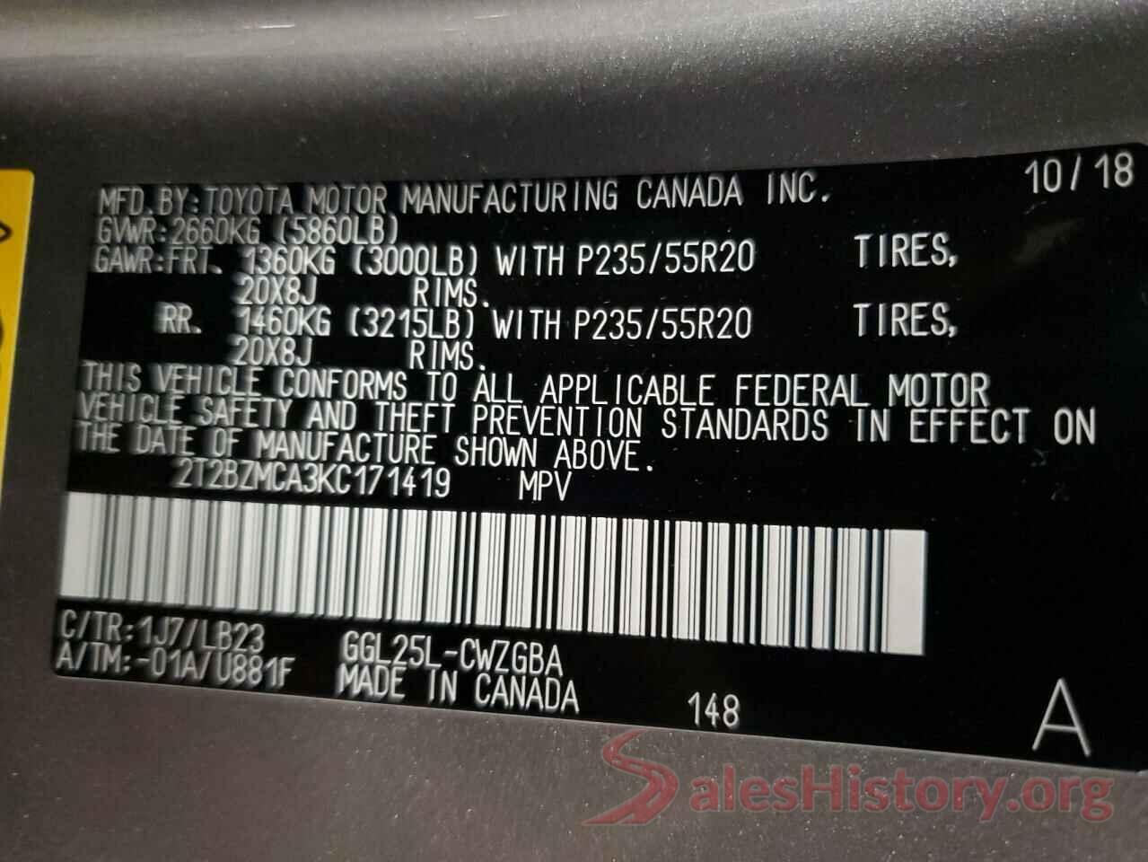 2T2BZMCA3KC171419 2019 LEXUS RX350