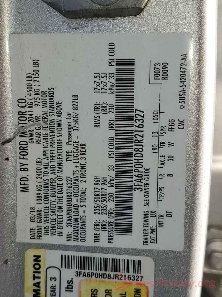 3FA6P0HD8JR216327 2018 FORD FUSION