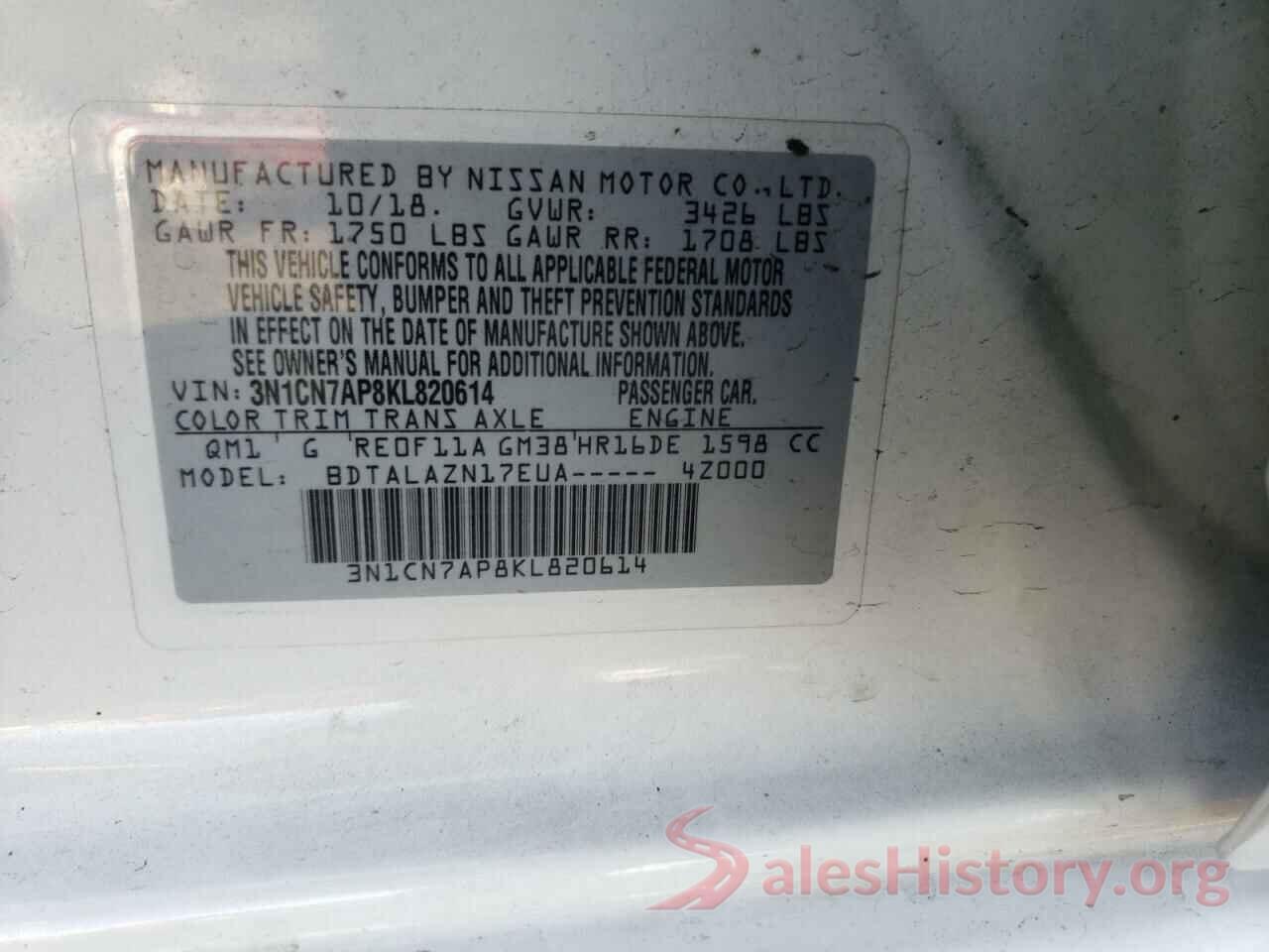 3N1CN7AP8KL820614 2019 NISSAN VERSA