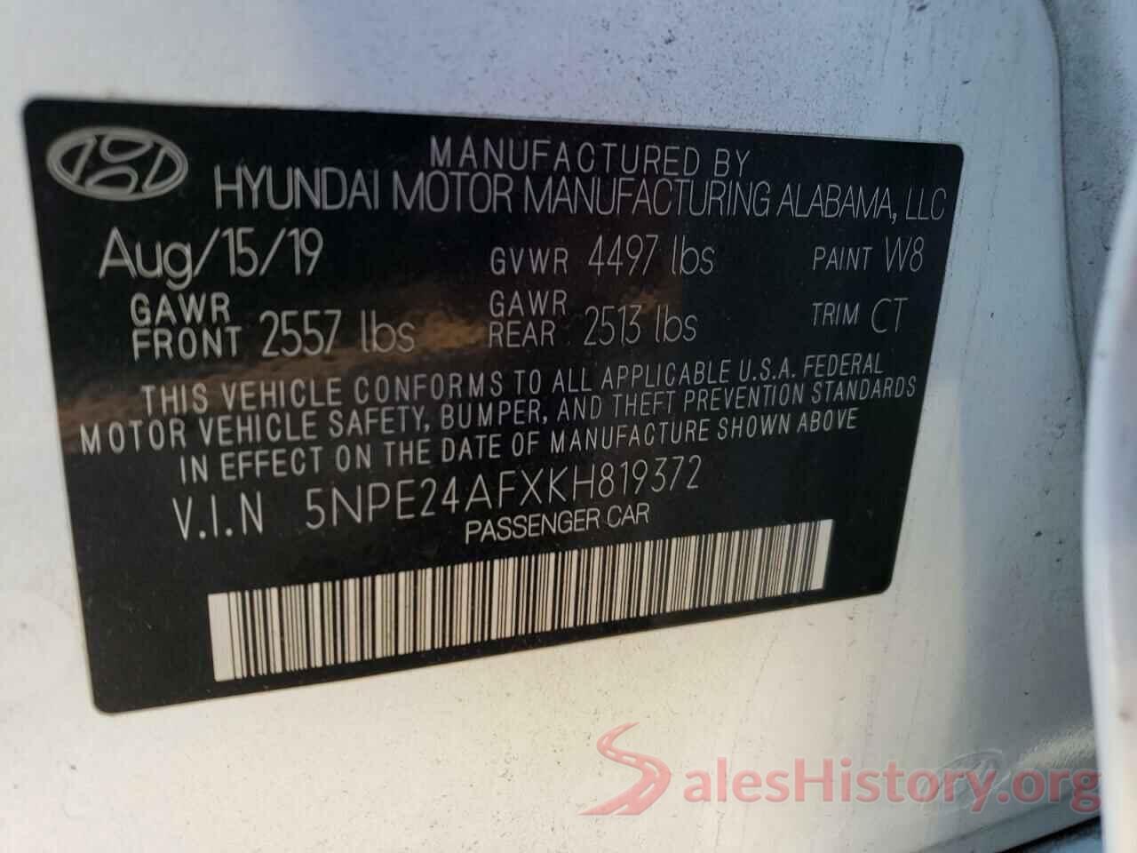 5NPE24AFXKH819372 2019 HYUNDAI SONATA