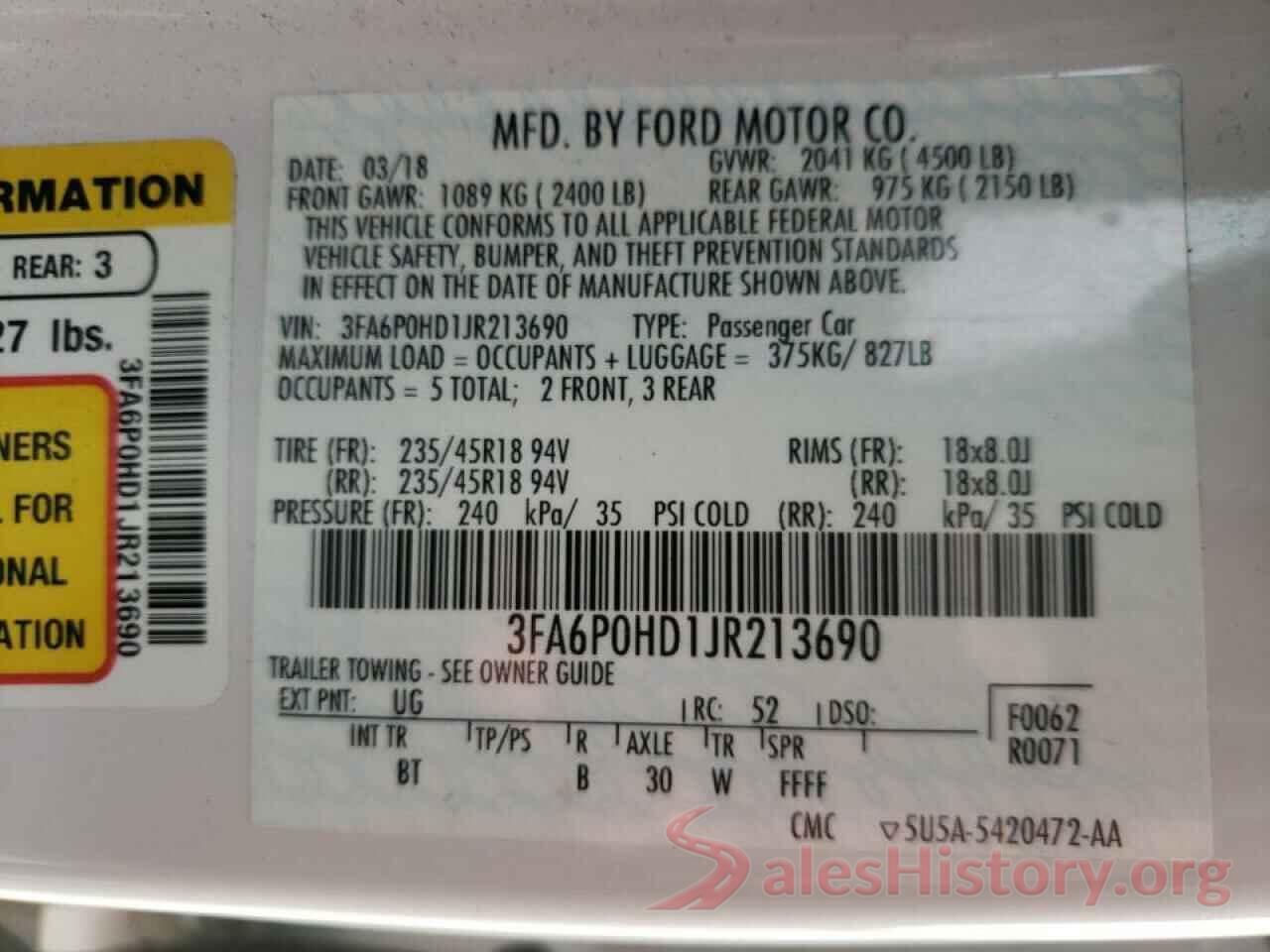 3FA6P0HD1JR213690 2018 FORD FUSION