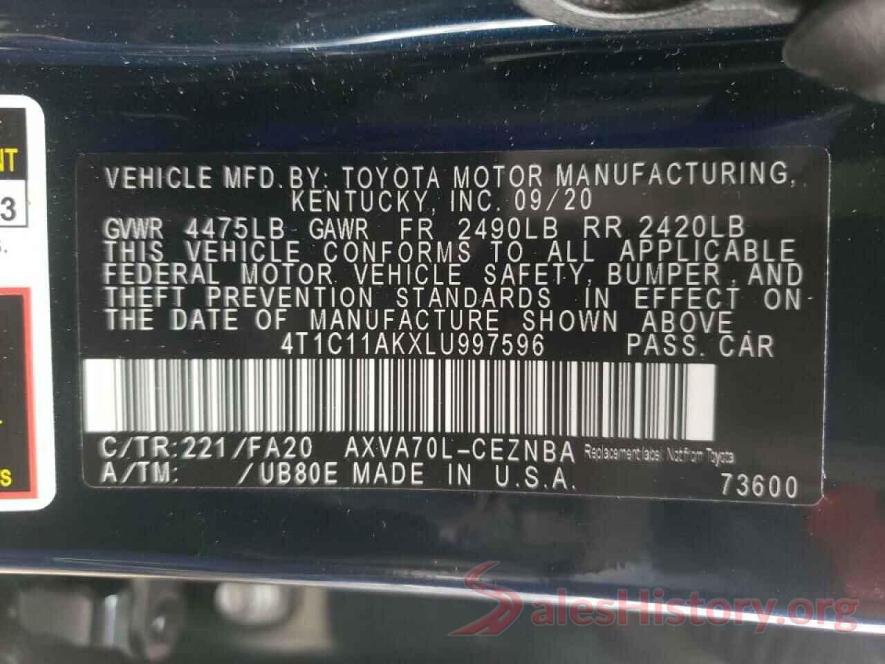 4T1C11AKXLU997596 2020 TOYOTA CAMRY