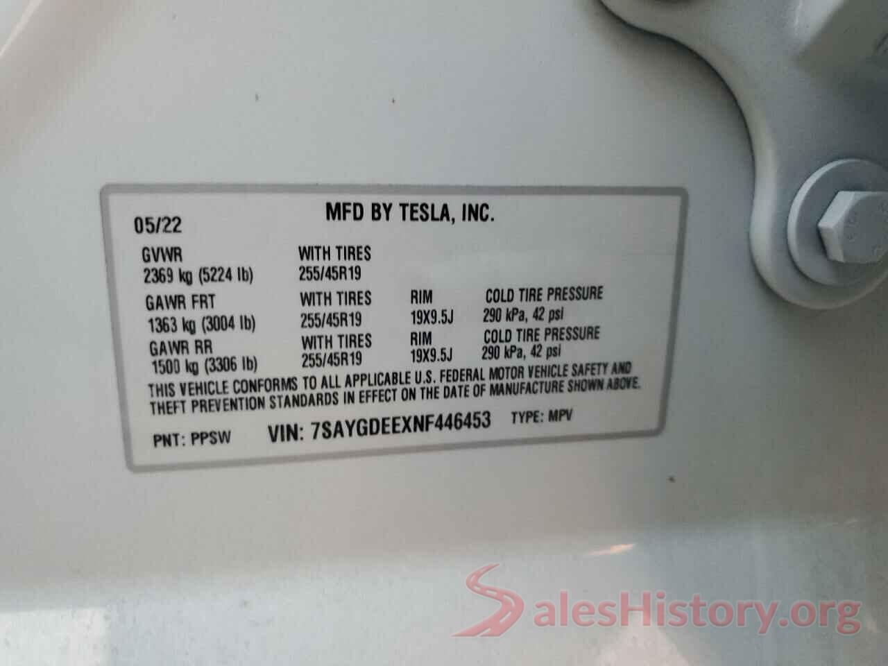 7SAYGDEEXNF446453 2022 TESLA MODEL Y