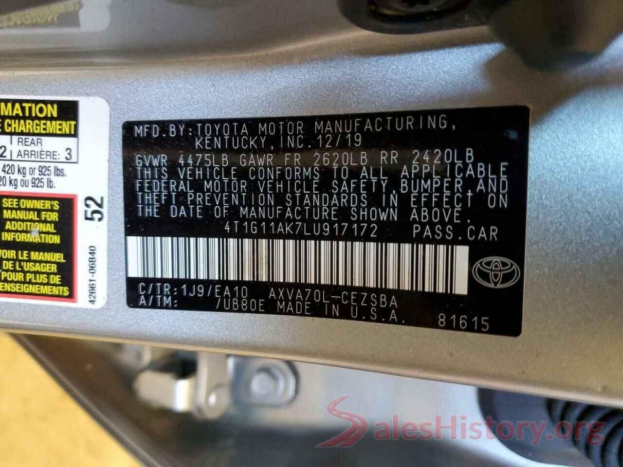 4T1G11AK7LU917172 2020 TOYOTA CAMRY