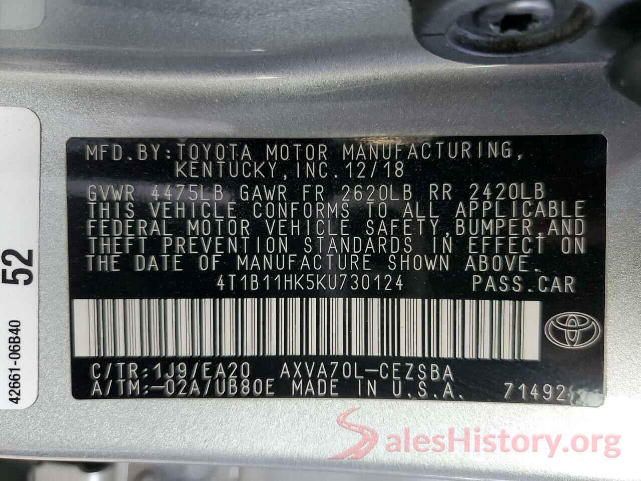 4T1B11HK5KU730124 2019 TOYOTA CAMRY