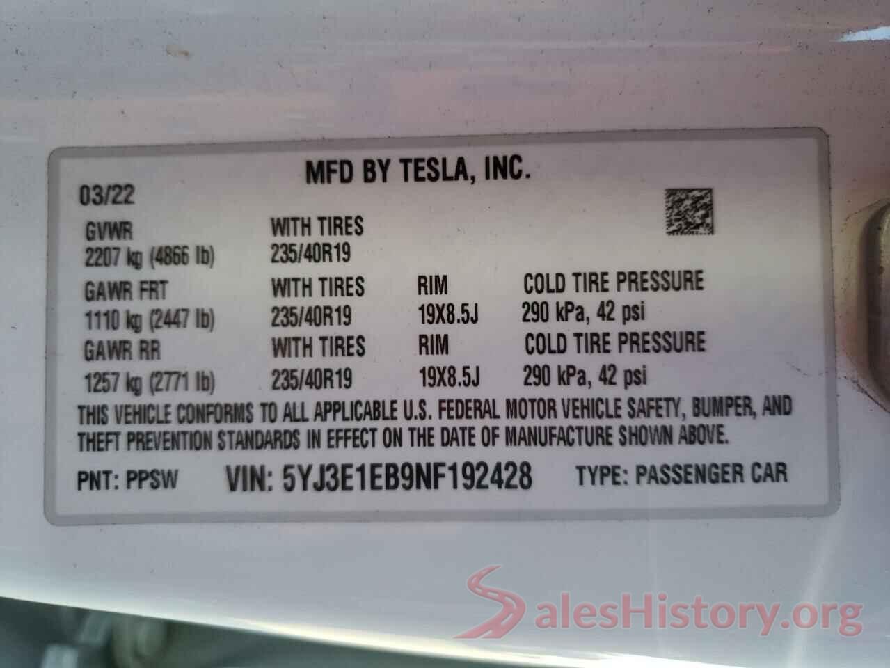 5YJ3E1EB9NF192428 2022 TESLA MODEL 3