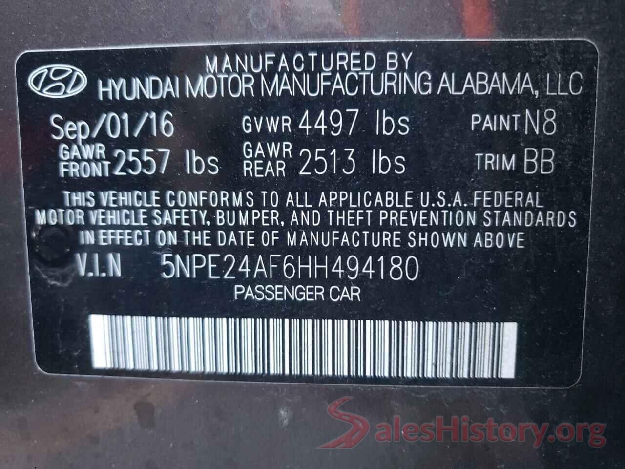 5NPE24AF6HH494180 2017 HYUNDAI SONATA