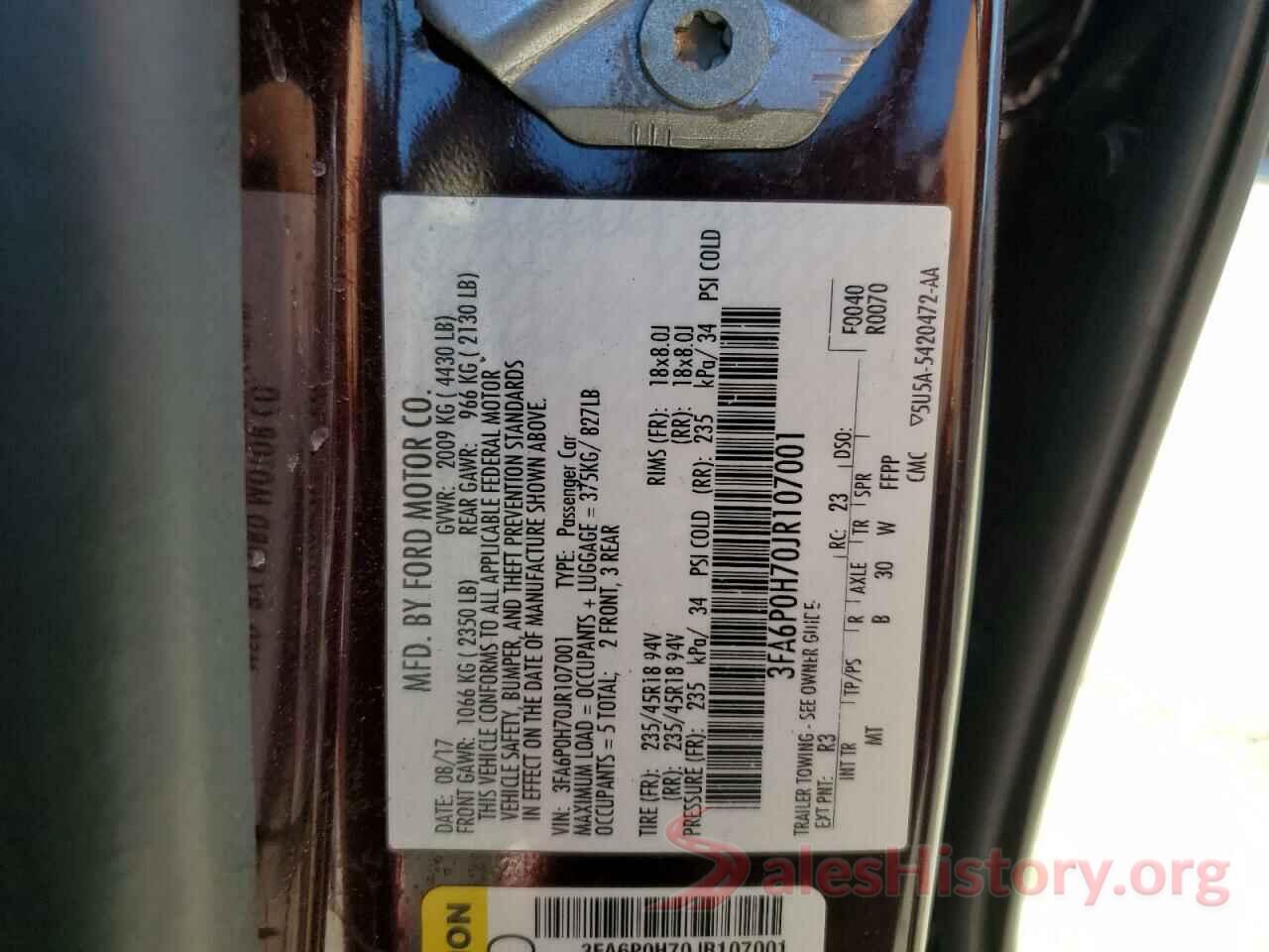 3FA6P0H70JR107001 2018 FORD FUSION