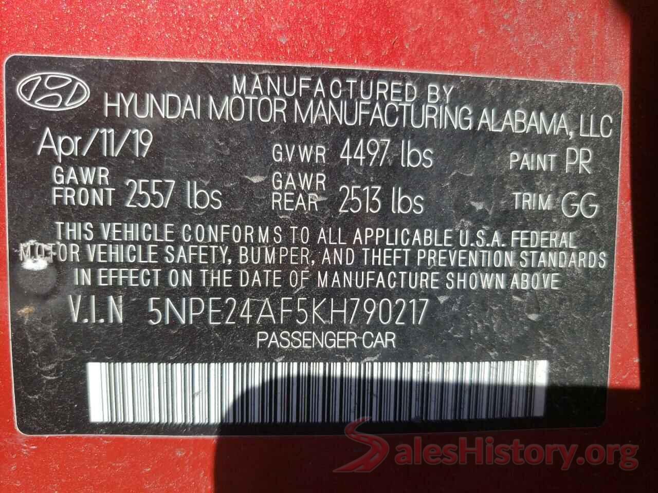 5NPE24AF5KH790217 2019 HYUNDAI SONATA