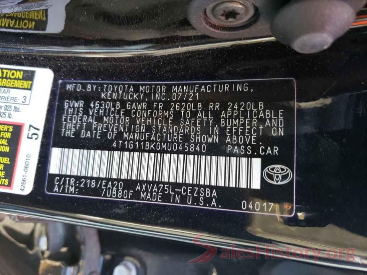 4T1G11BK0MU045840 2021 TOYOTA CAMRY