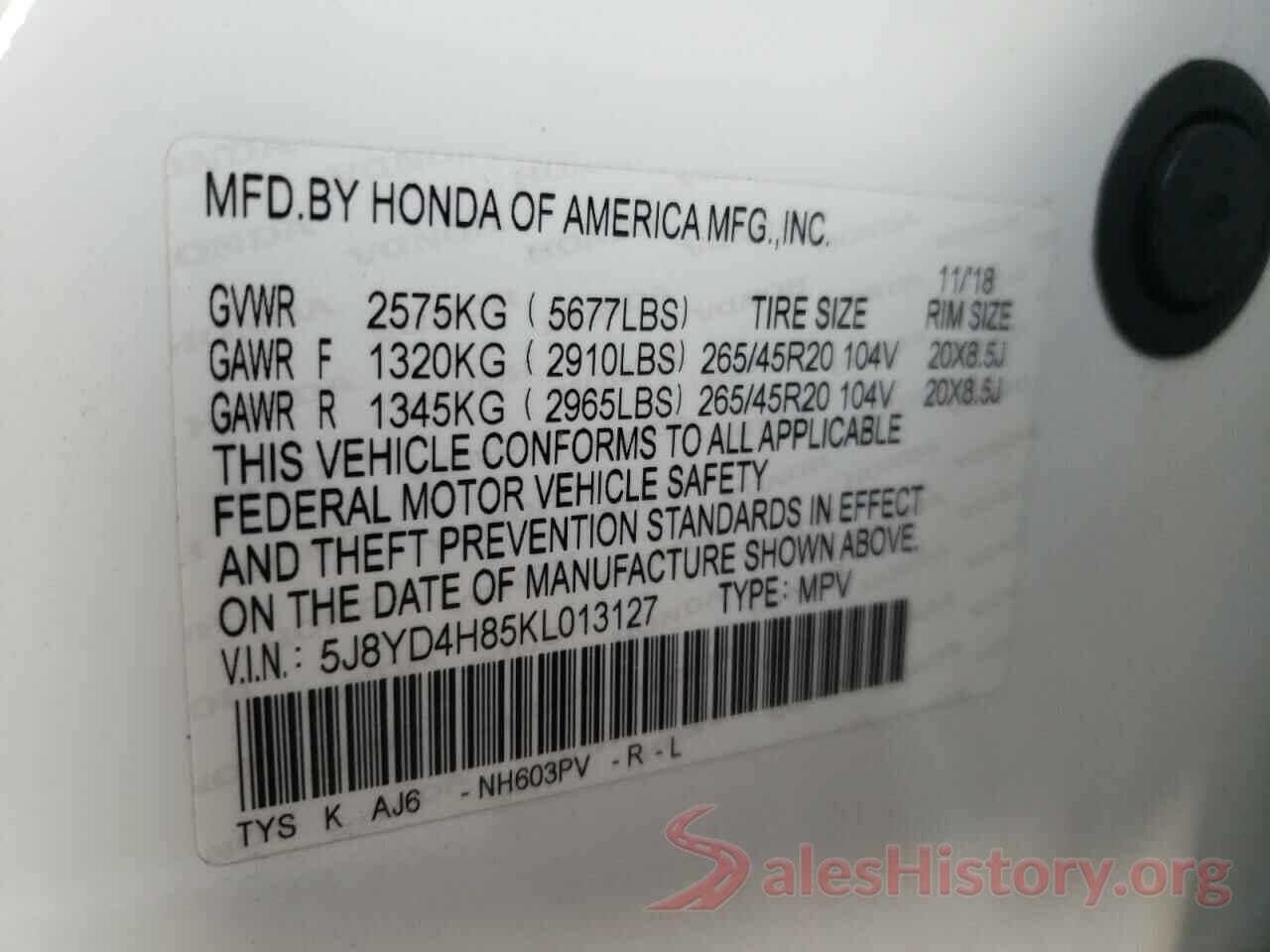 5J8YD4H85KL013127 2019 ACURA MDX