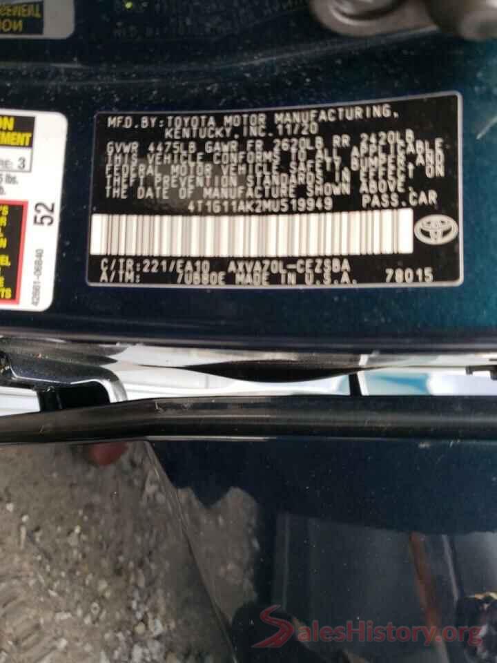 4T1G11AK2MU519949 2021 TOYOTA CAMRY