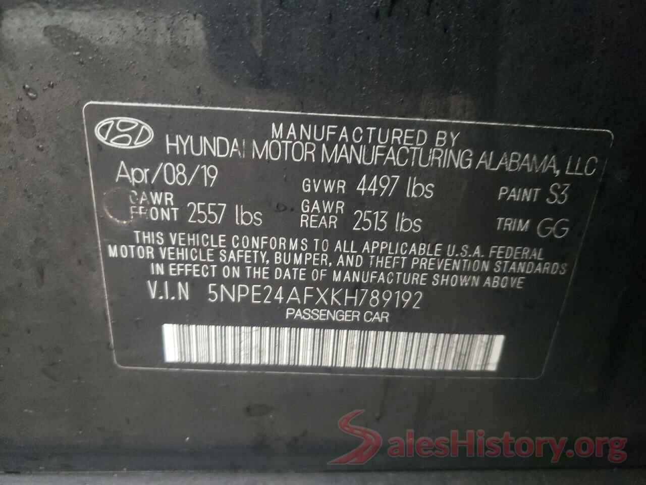 5NPE24AFXKH789192 2019 HYUNDAI SONATA