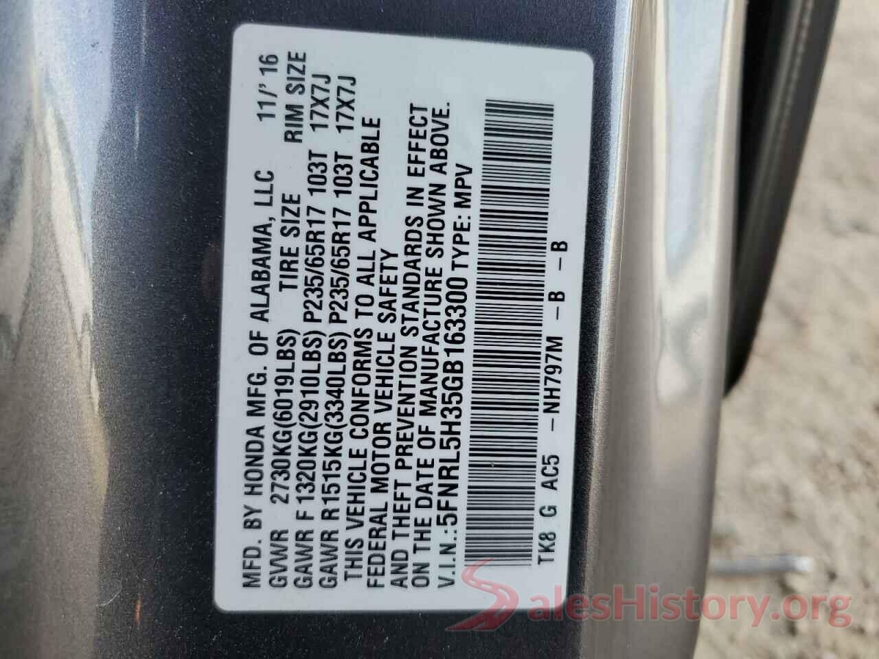 5FNRL5H35GB163300 2016 HONDA ODYSSEY