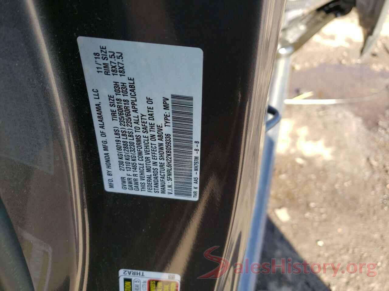 5FNRL6H22KB059336 2019 HONDA ODYSSEY