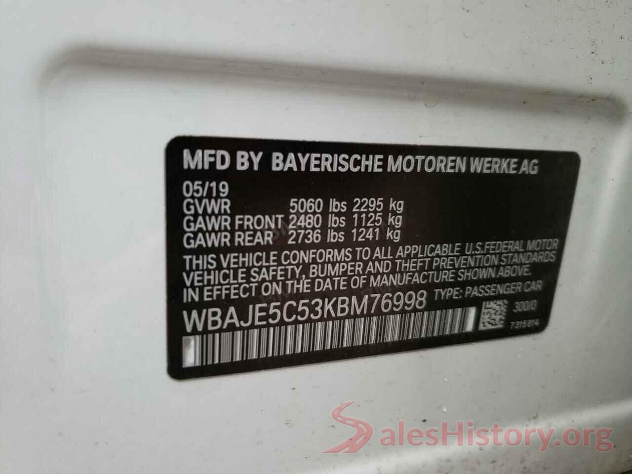 WBAJE5C53KBM76998 2019 BMW 5 SERIES