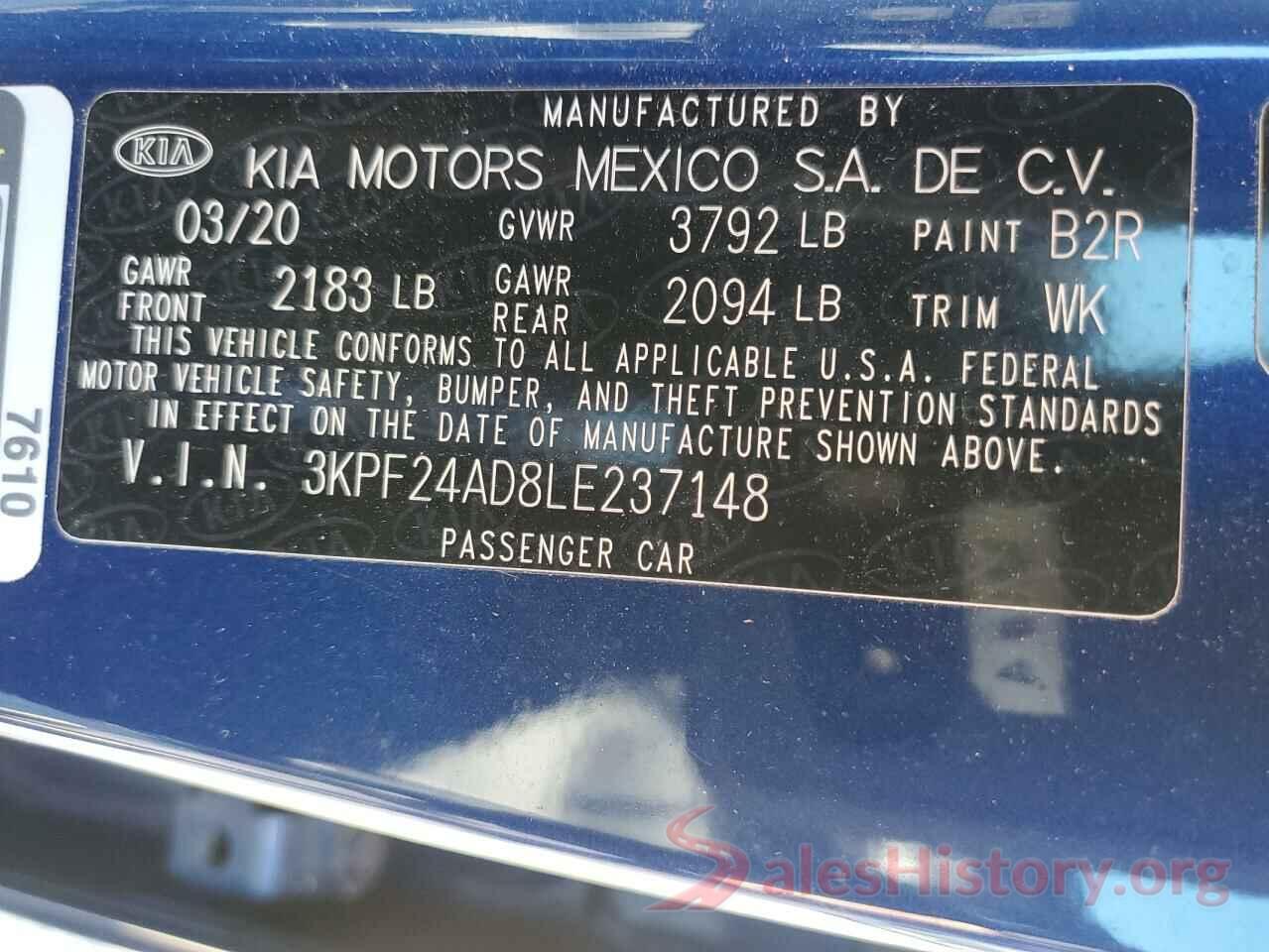 3KPF24AD8LE237148 2020 KIA FORTE