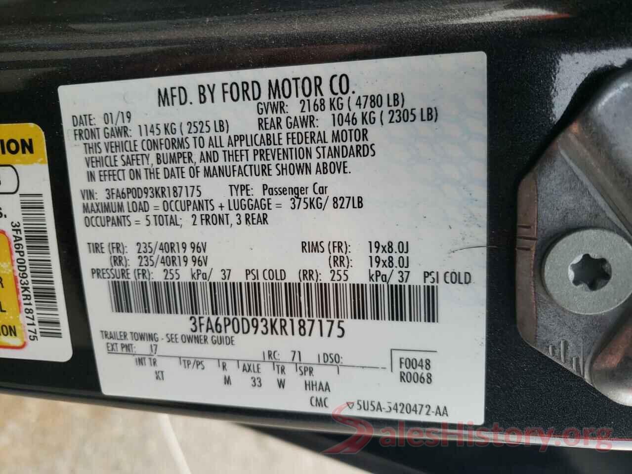 3FA6P0D93KR187175 2019 FORD FUSION