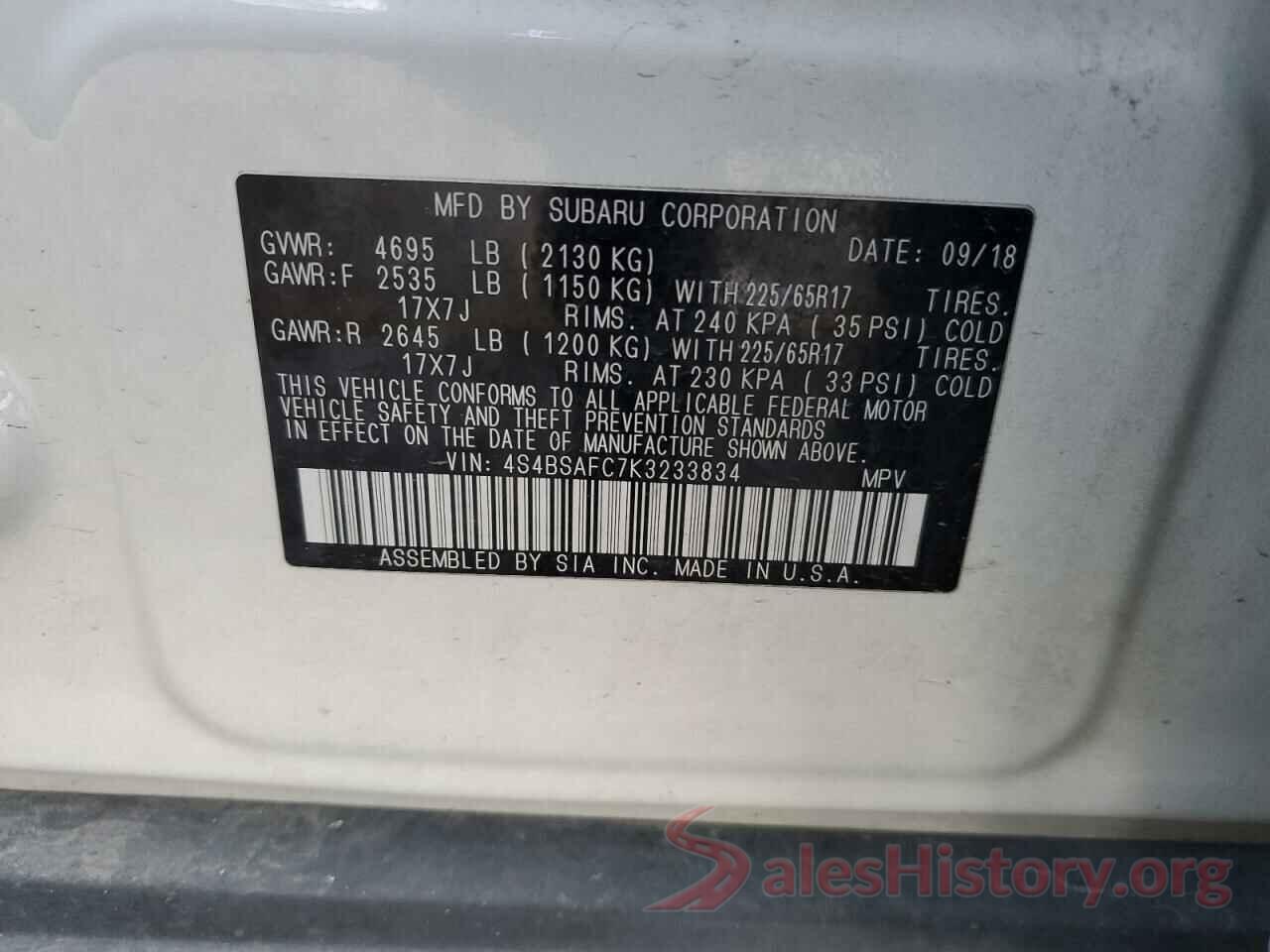 4S4BSAFC7K3233834 2019 SUBARU OUTBACK