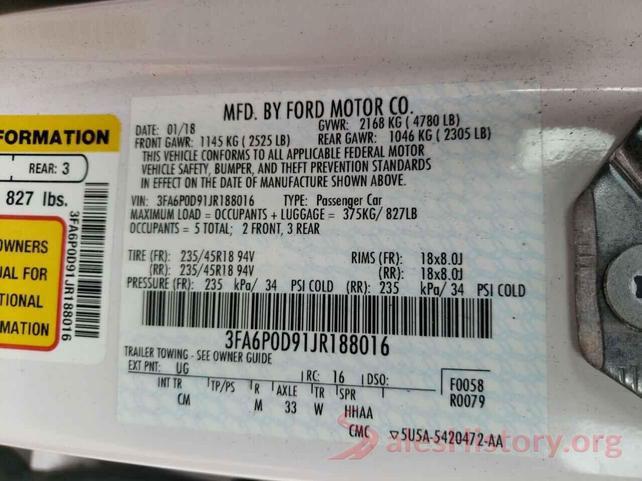 3FA6P0D91JR188016 2018 FORD FUSION