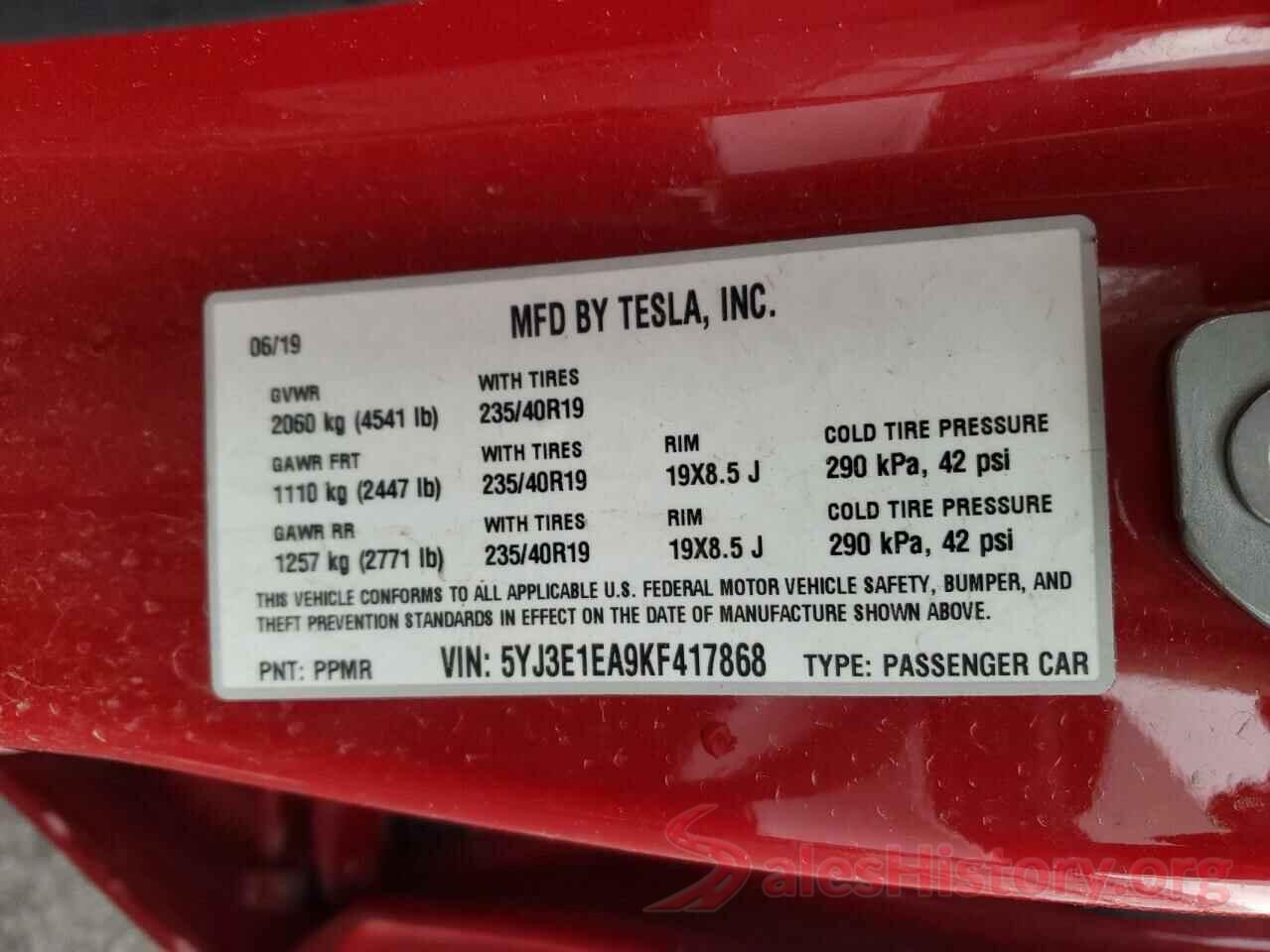 5YJ3E1EA9KF417868 2019 TESLA MODEL 3