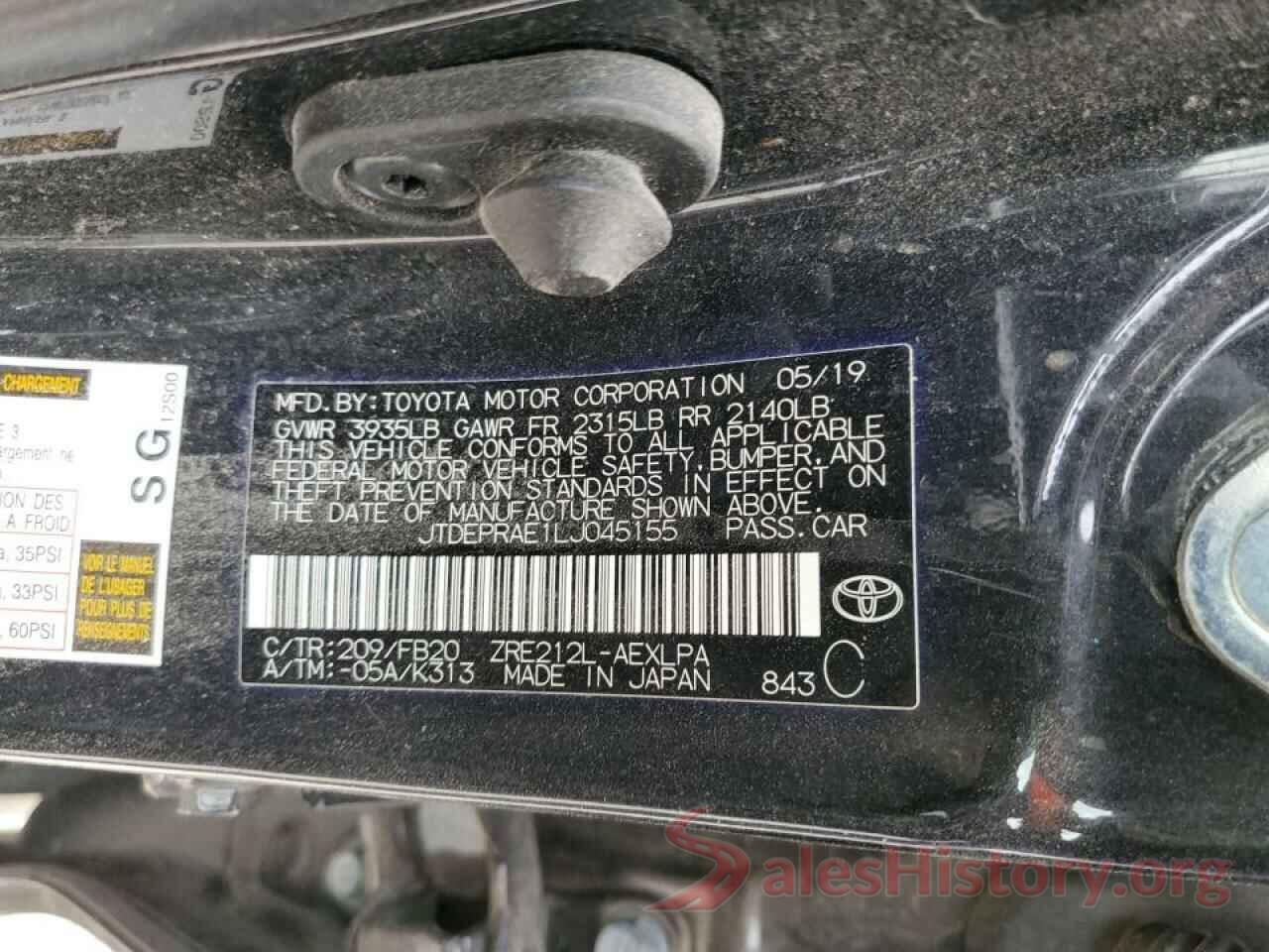 JTDEPRAE1LJ045155 2020 TOYOTA COROLLA