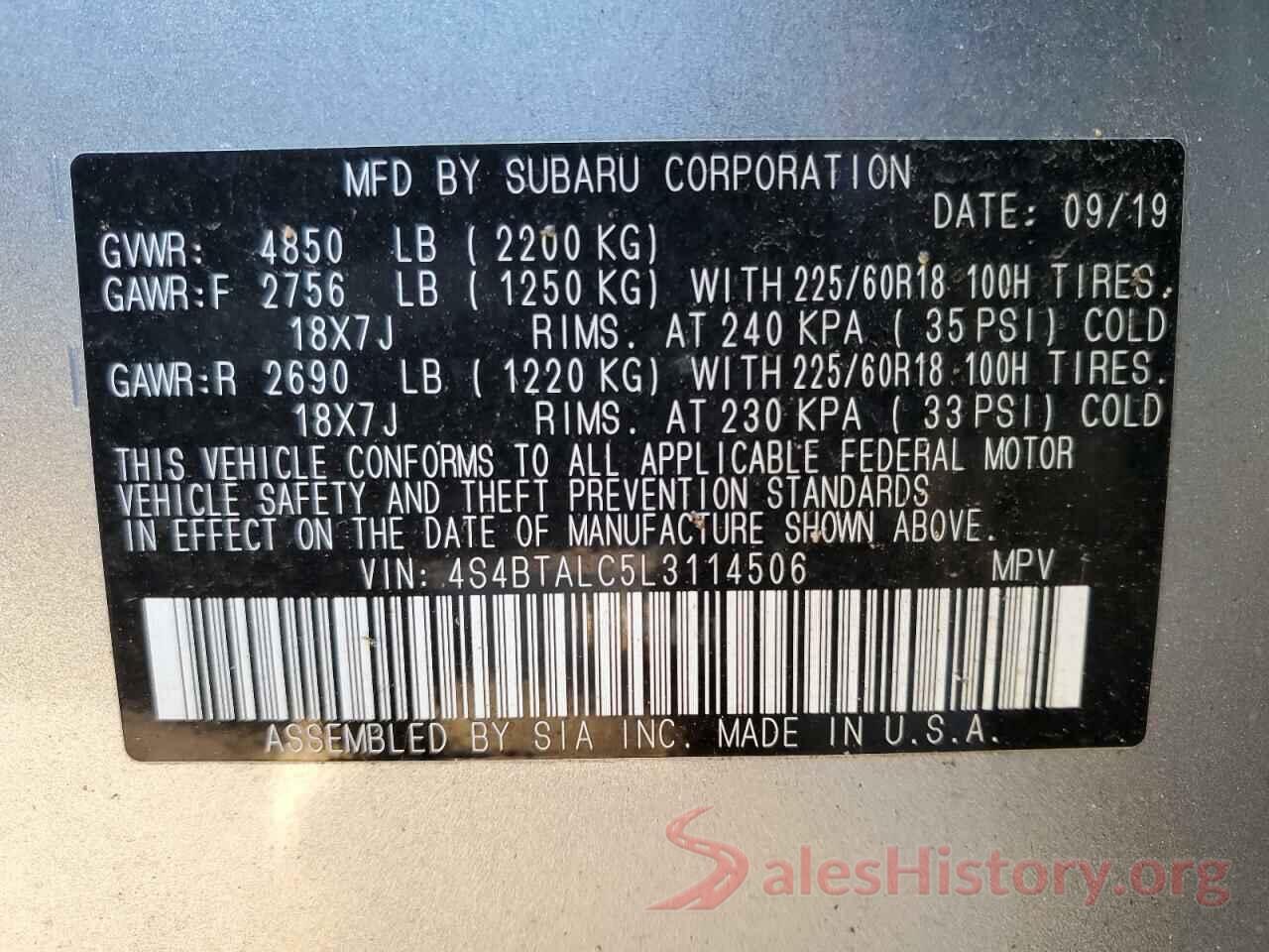 4S4BTALC5L3114506 2020 SUBARU OUTBACK