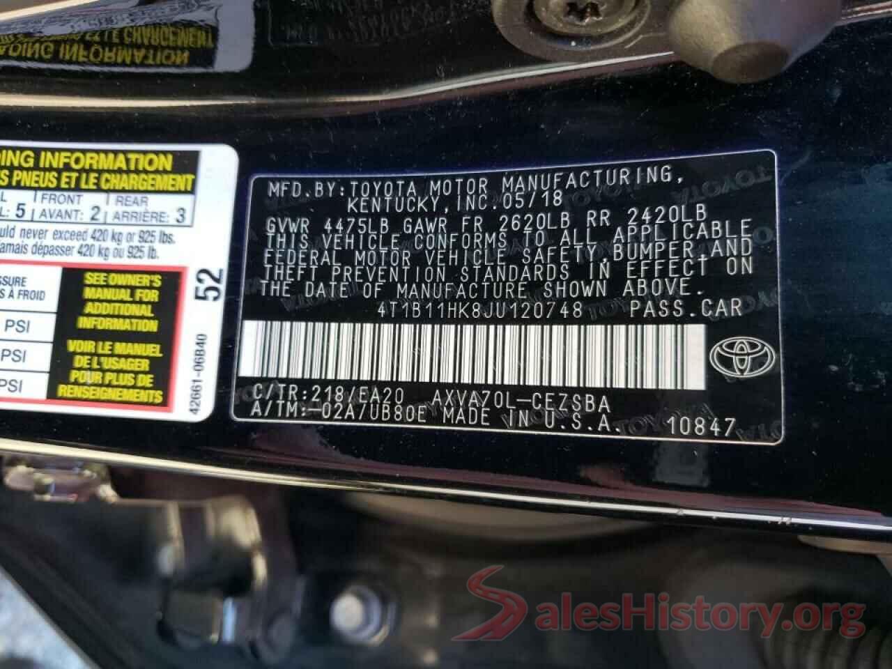 4T1B11HK8JU120748 2018 TOYOTA CAMRY