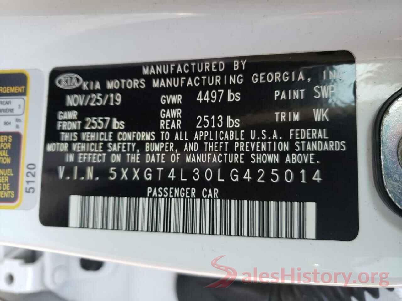 5XXGT4L30LG425014 2020 KIA OPTIMA