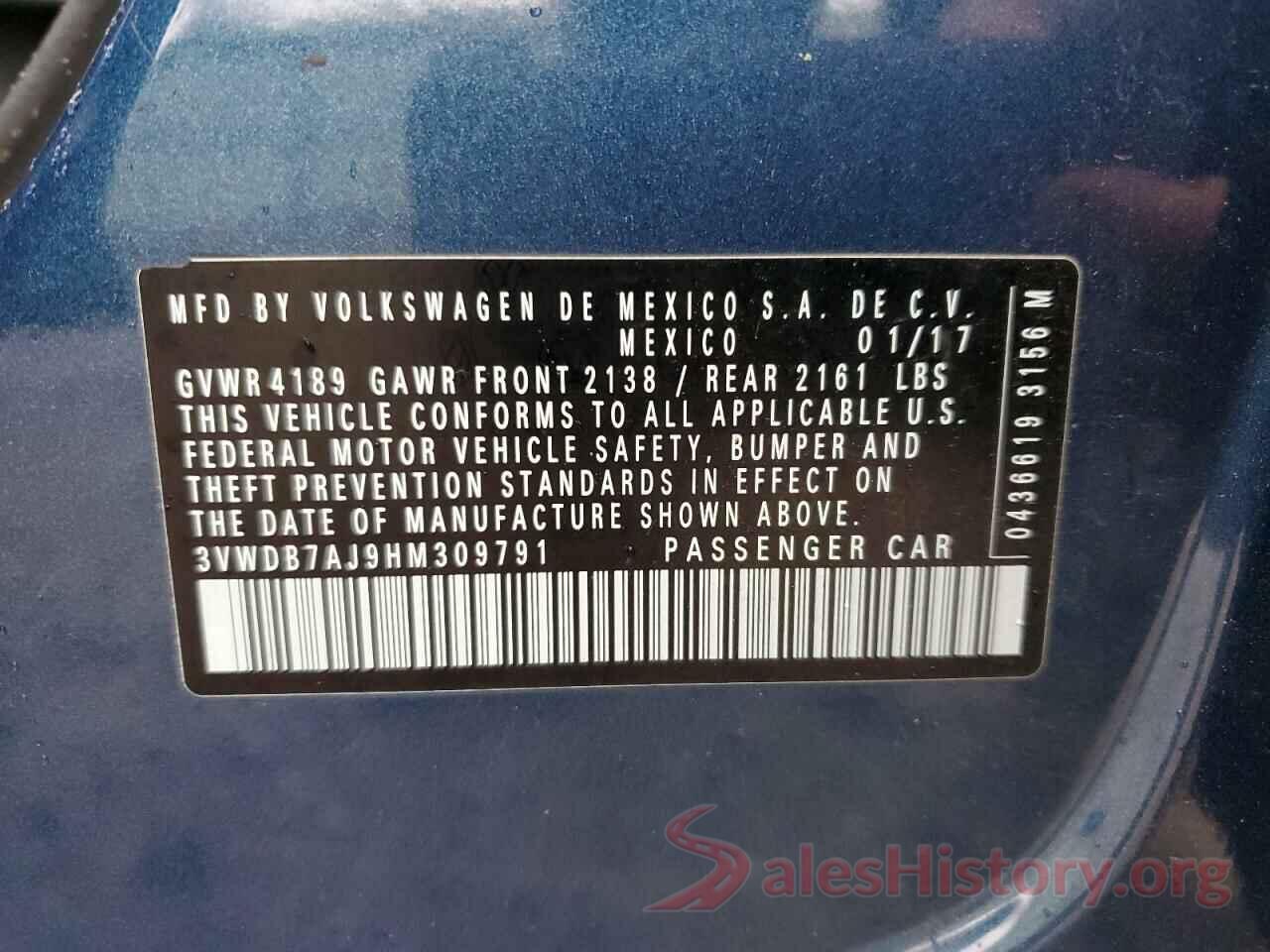 3VWDB7AJ9HM309791 2017 VOLKSWAGEN JETTA