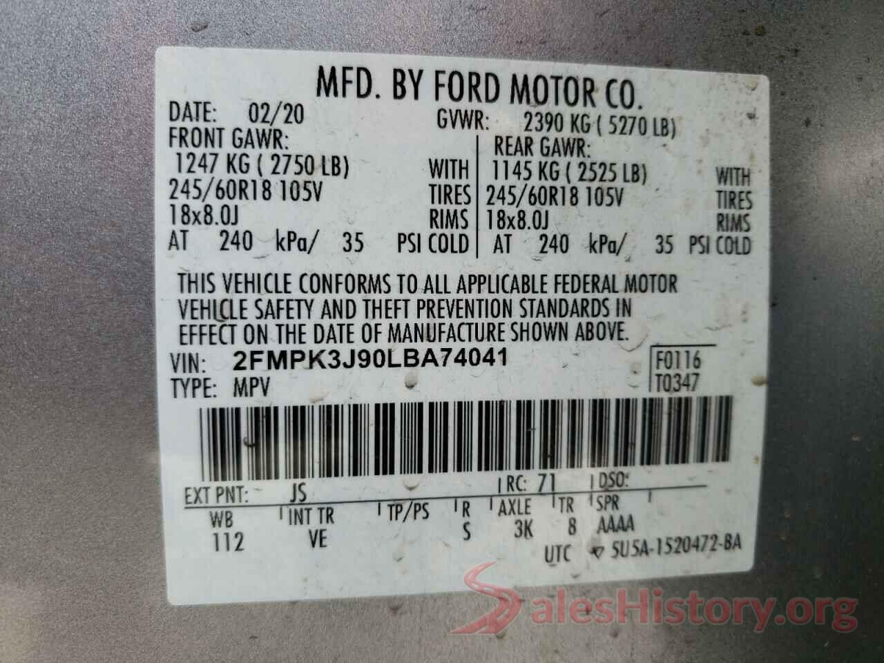 2FMPK3J90LBA74041 2020 FORD EDGE