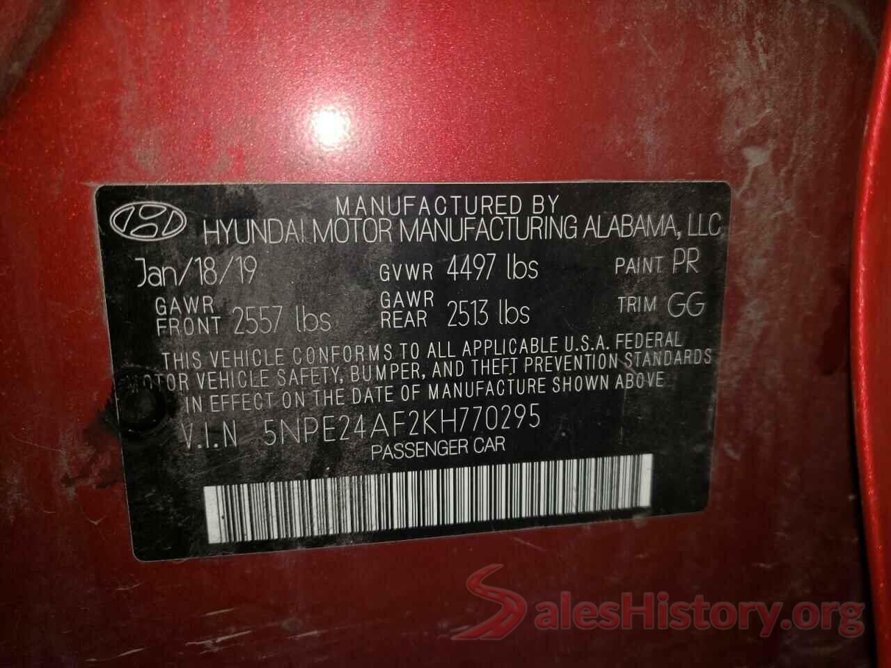 5NPE24AF2KH770295 2019 HYUNDAI SONATA