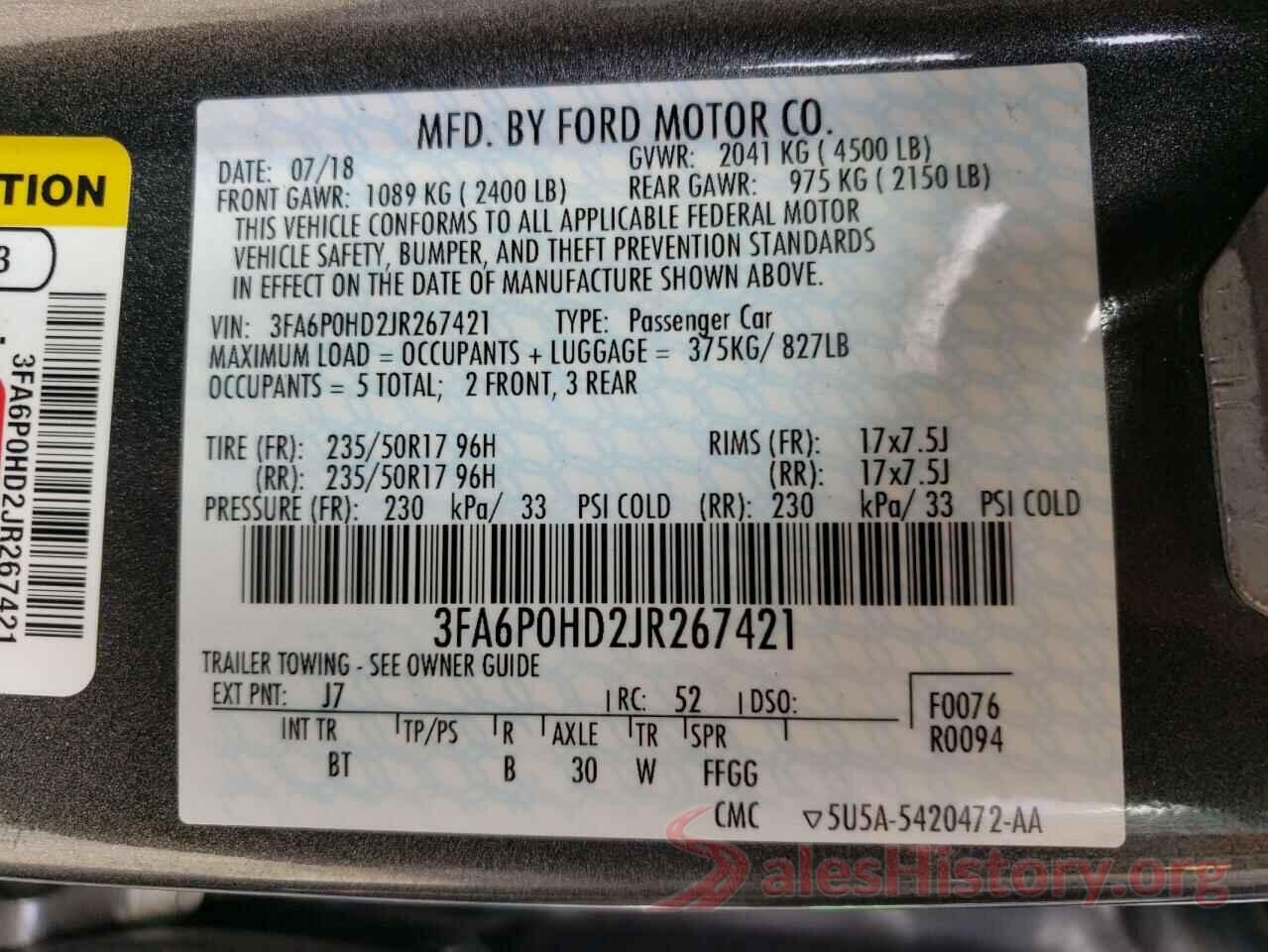 3FA6P0HD2JR267421 2018 FORD FUSION