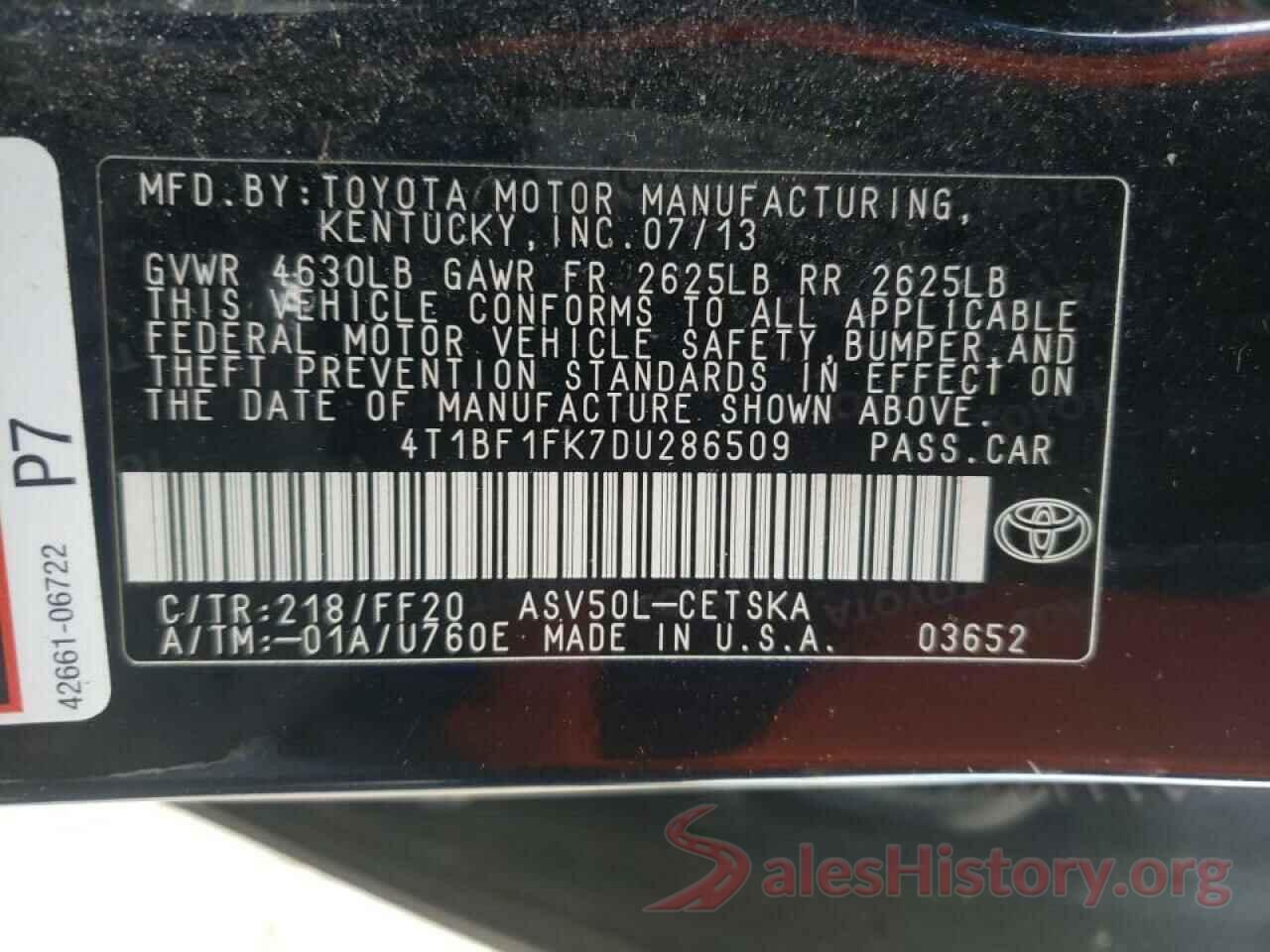 4T1BF1FK7DU286509 2013 TOYOTA CAMRY