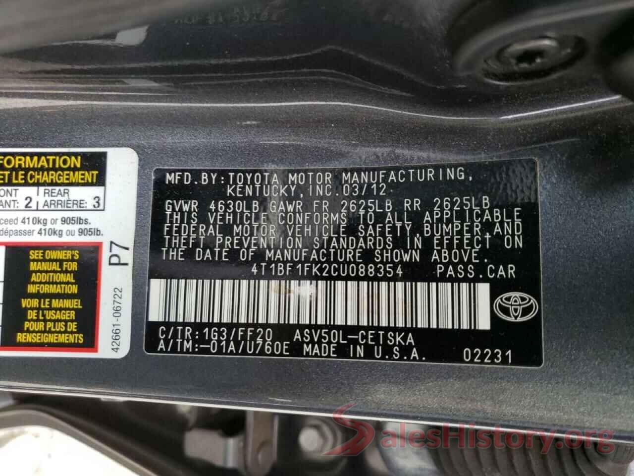 4T1BF1FK2CU088354 2012 TOYOTA CAMRY