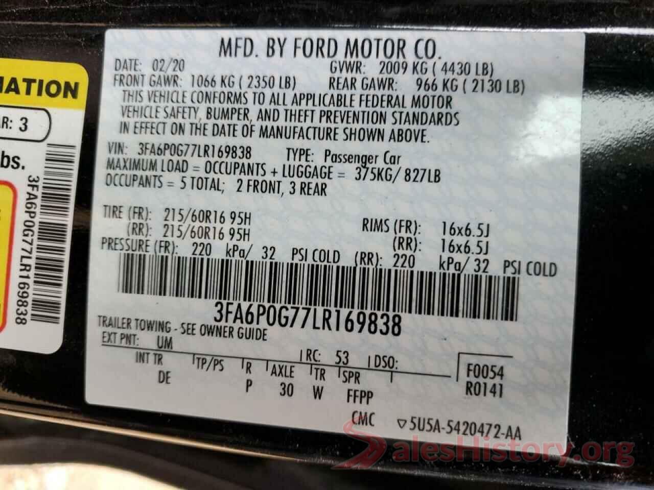 3FA6P0G77LR169838 2020 FORD FUSION