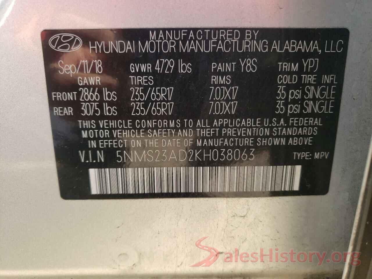 5NMS23AD2KH038063 2019 HYUNDAI SANTA FE