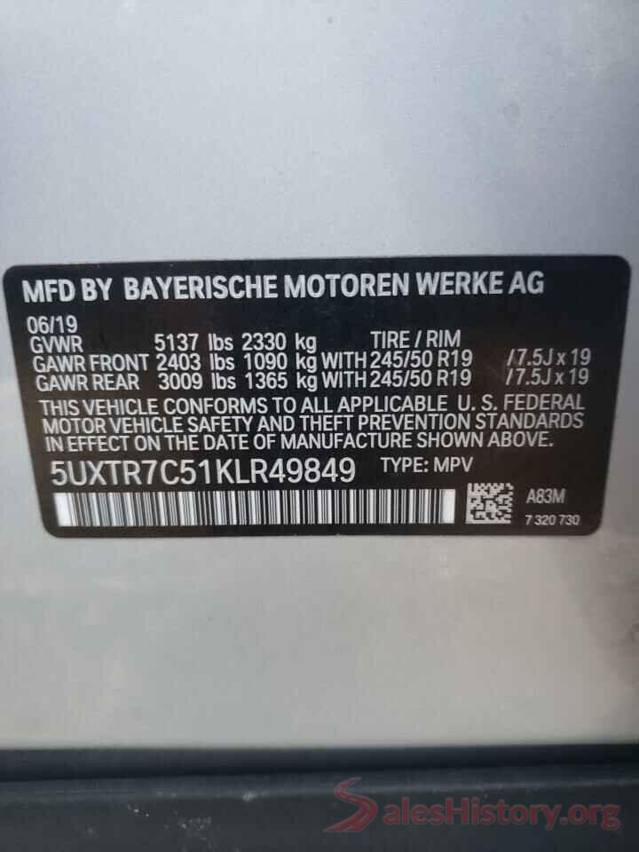 5UXTR7C51KLR49849 2019 BMW X3