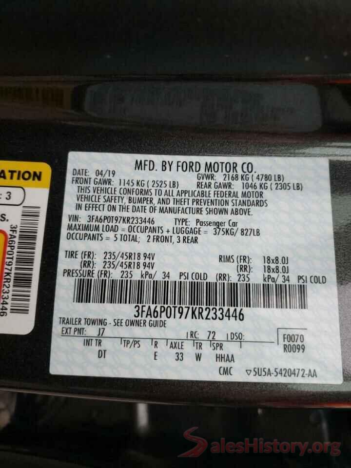 3FA6P0T97KR233446 2019 FORD FUSION