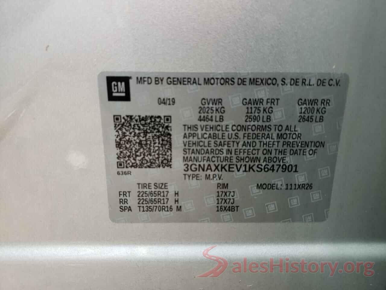 3GNAXKEV1KS647901 2019 CHEVROLET EQUINOX