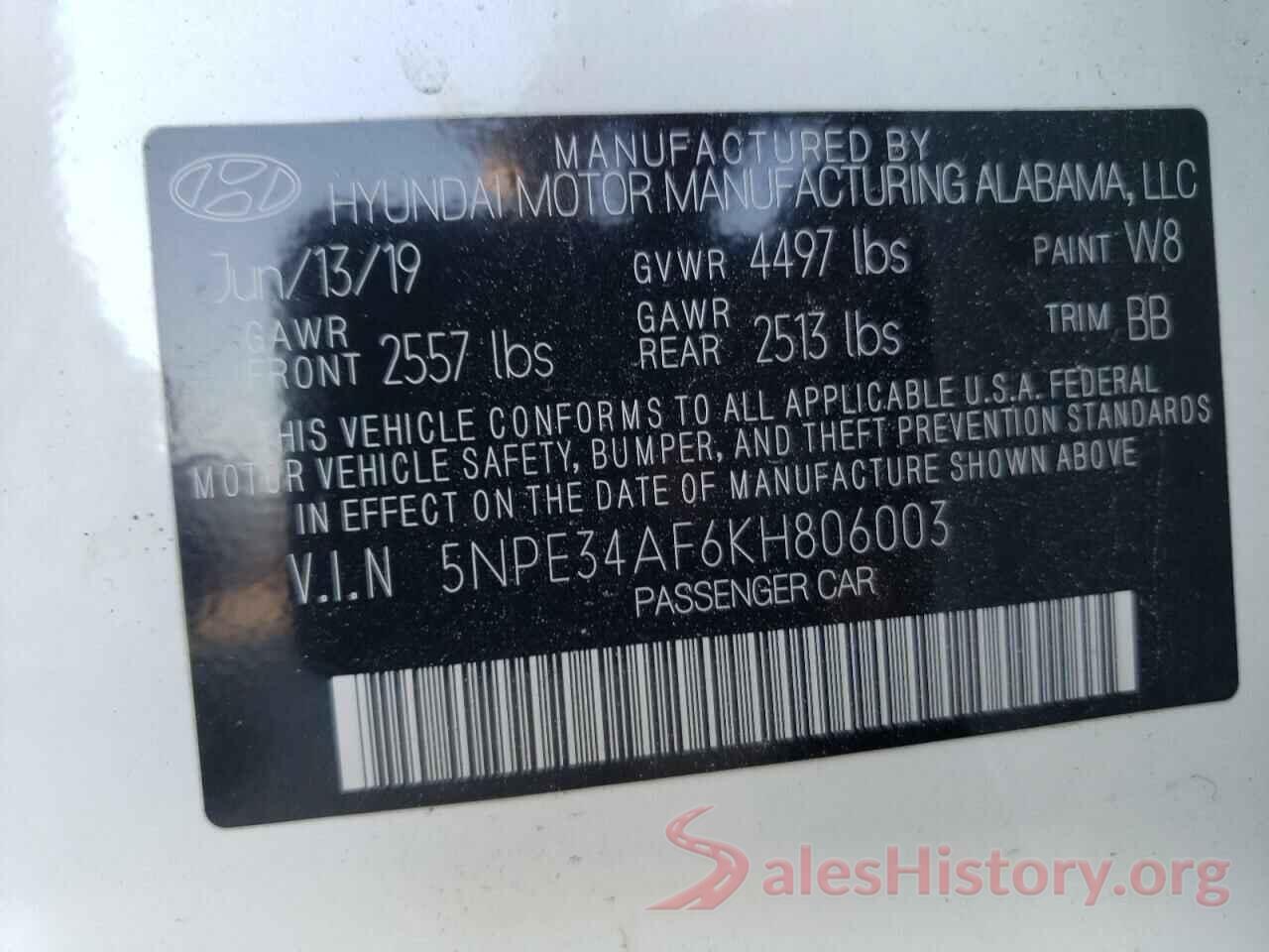 5NPE34AF6KH806003 2019 HYUNDAI SONATA