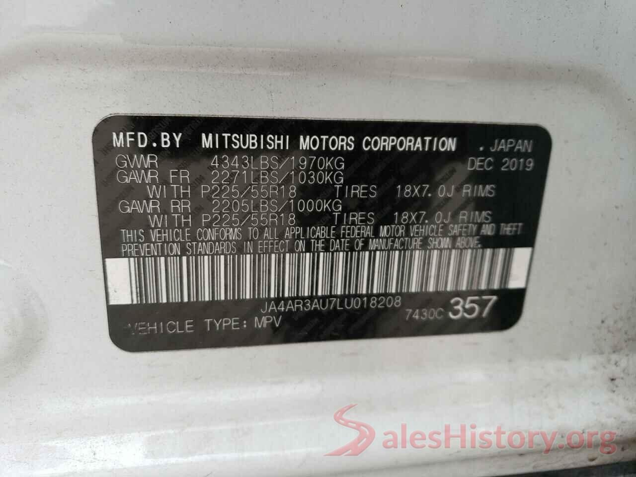 JA4AR3AU7LU018208 2020 MITSUBISHI OUTLANDER