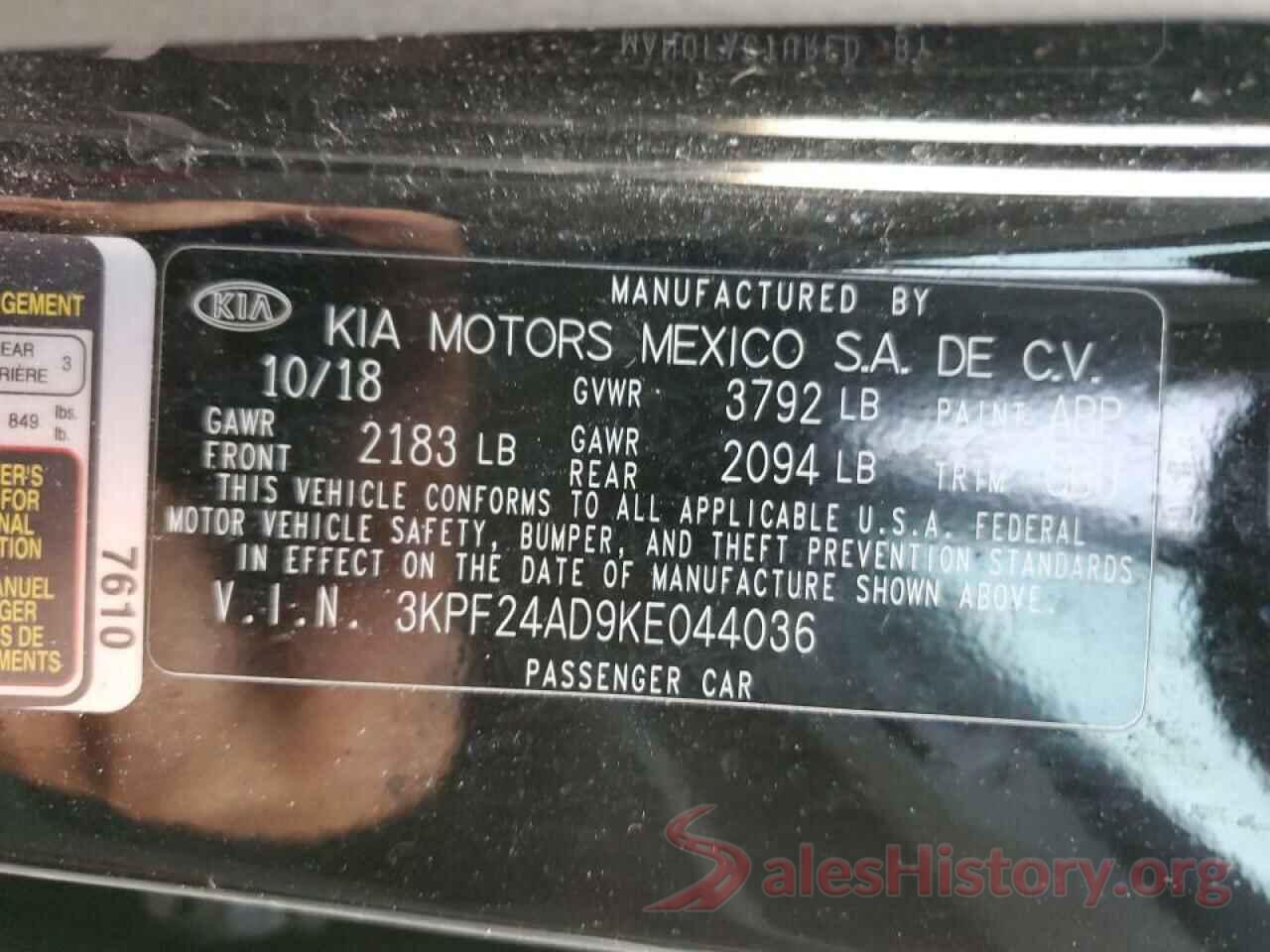 3KPF24AD9KE044036 2019 KIA FORTE