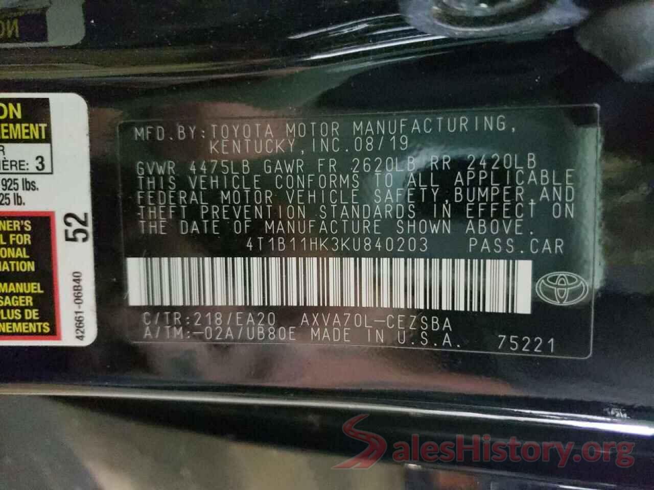 4T1B11HK3KU840203 2019 TOYOTA CAMRY