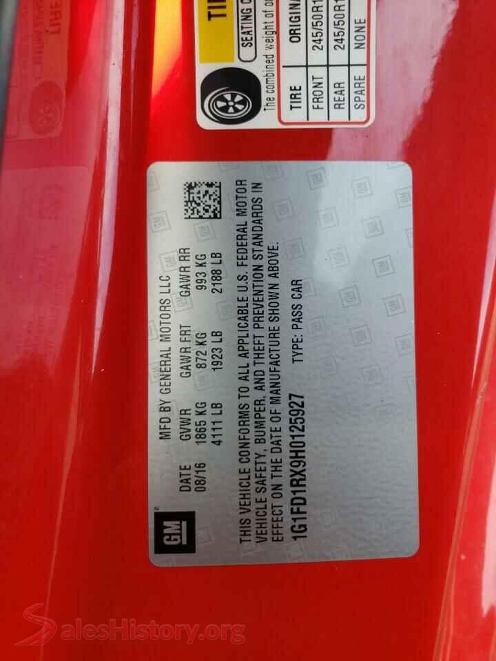 2017 CHEVROLET CAMARO VIN 1G1FD1RX9H0125927, odometer mileage
