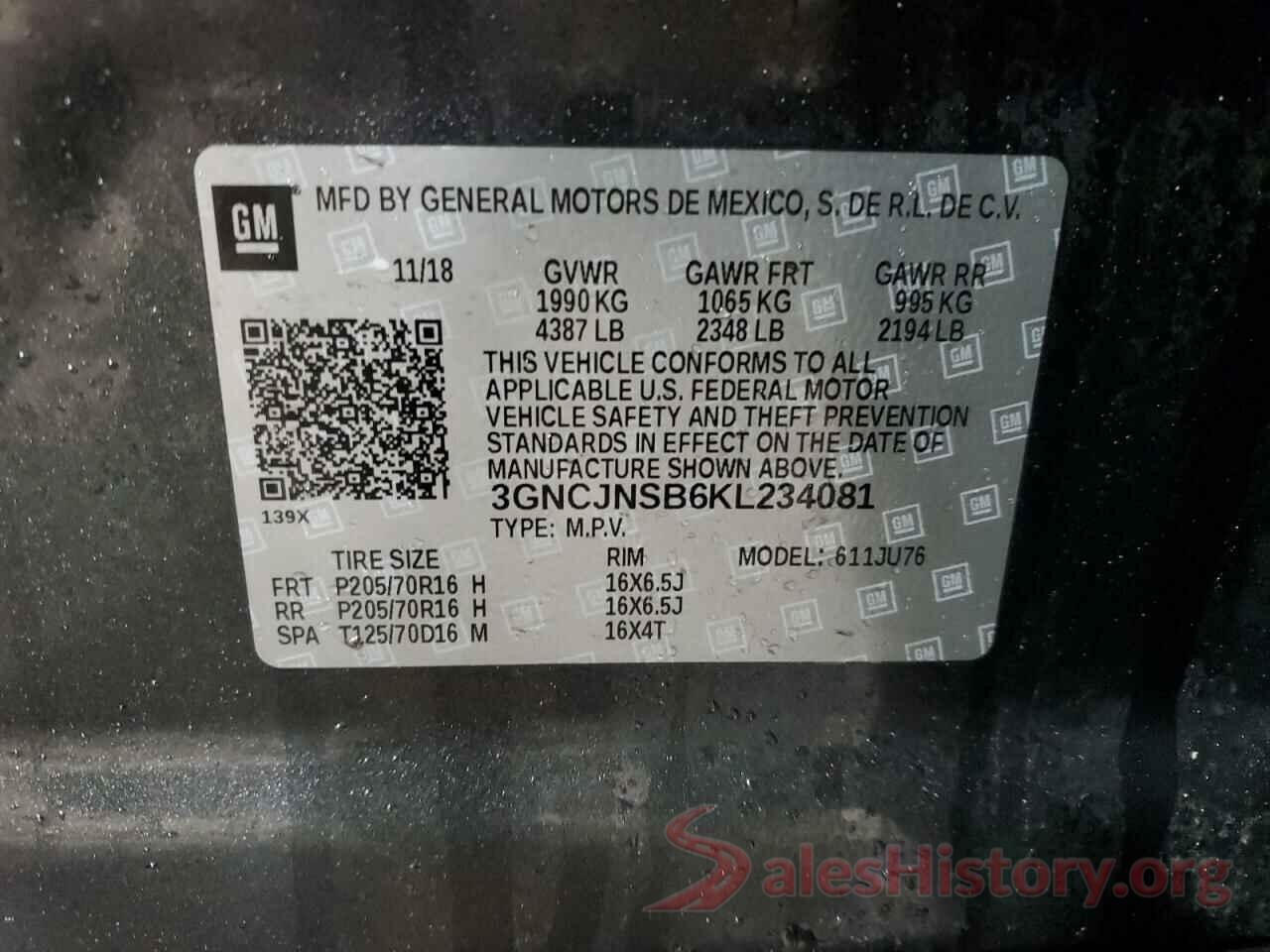 3GNCJNSB6KL234081 2019 CHEVROLET TRAX